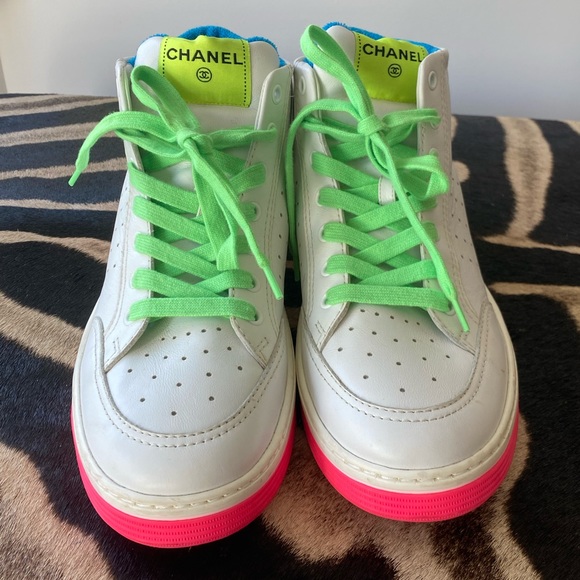 Chanel Denim Suede Calfskin Neon Orange CC Logo Trainers Sneakers